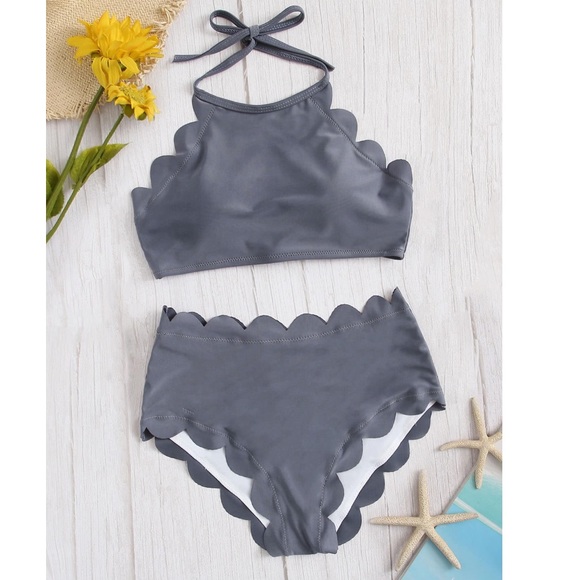 Urban Outfitters Other - 🆕🎉Gray Scalloped Trim Halter High Waist Swimsuit